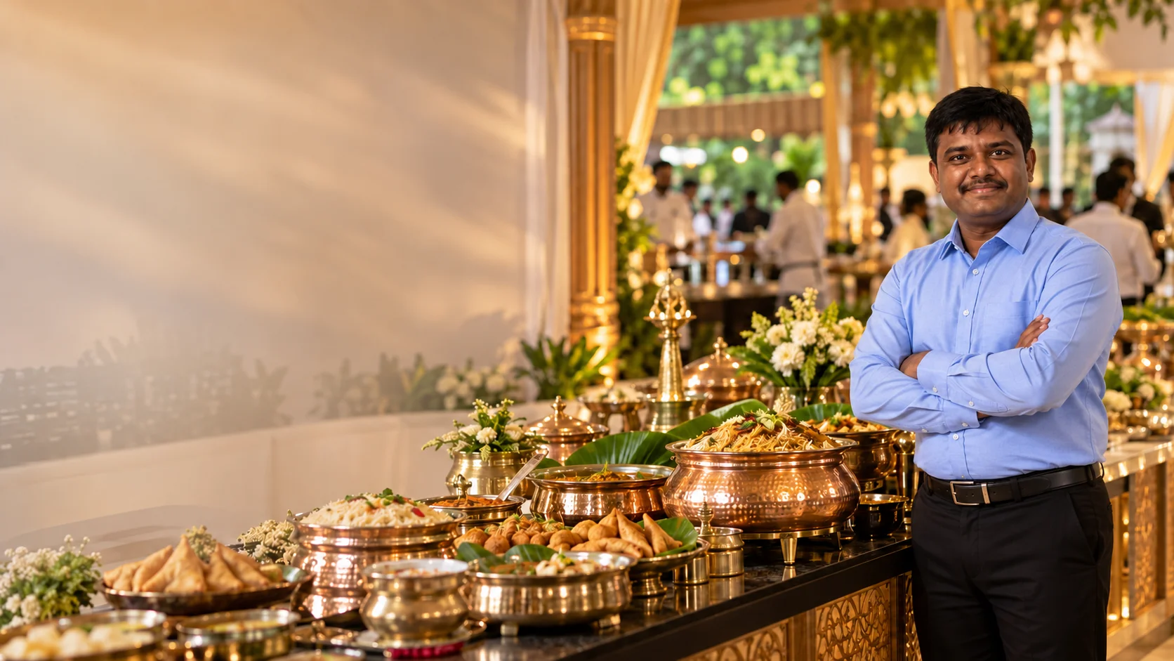 Owner of Niranchan Catering Service beside a traditional catering buffet