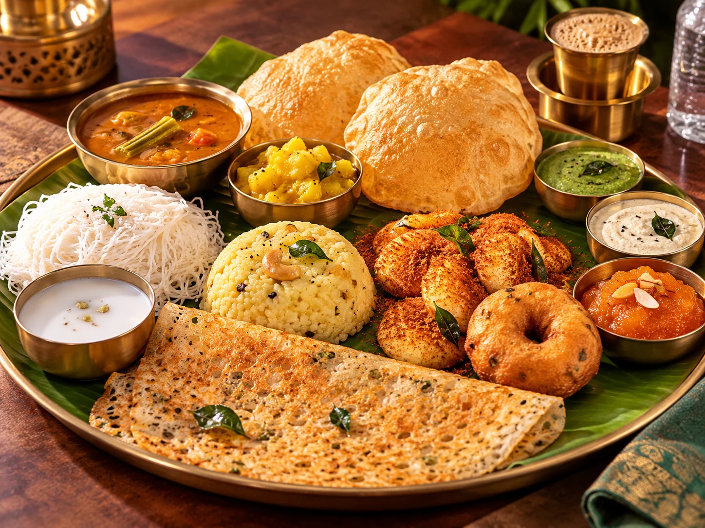 South Indian breakfast with poori, idiyappam, pongal, dosa and vada