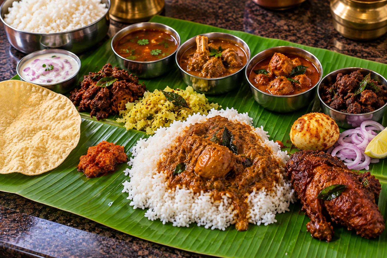 Chettinadu non-vegetarian feast with rice, chicken, mutton curry, egg and appalam on a banana leaf