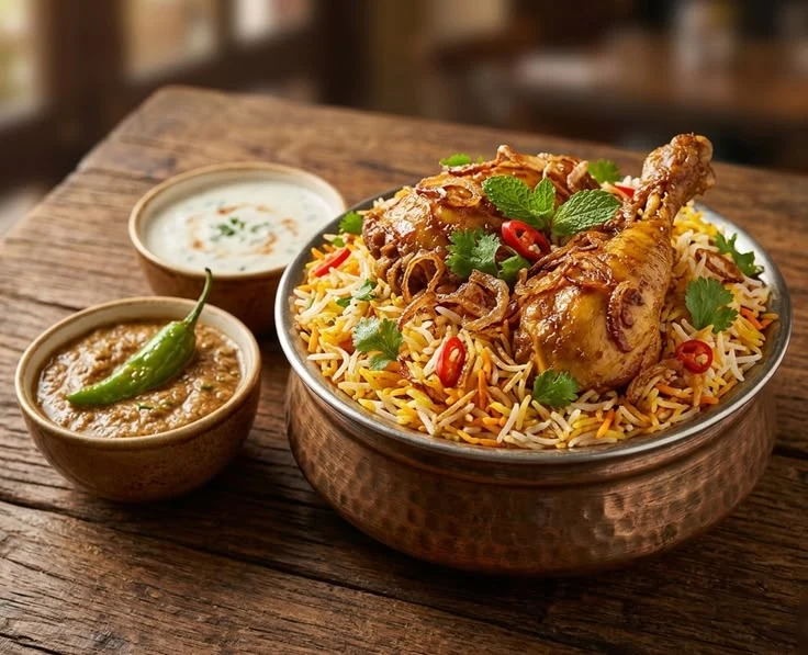 Chicken biriyani with a roasted chicken leg, raita and gravy