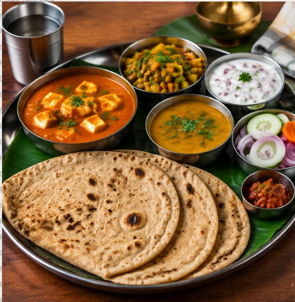 Vegetarian dinner with chapati, paneer curry, vegetables, dal and raita