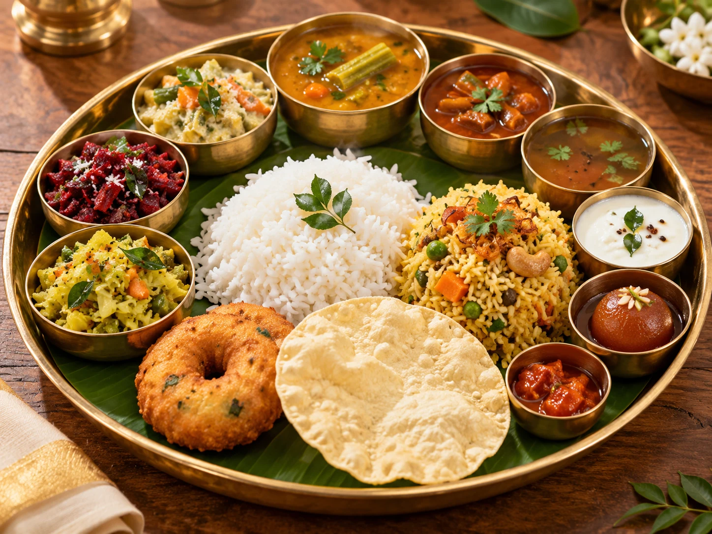 Signature vegetarian lunch with rice, vegetable biryani, curries, vada and sweet