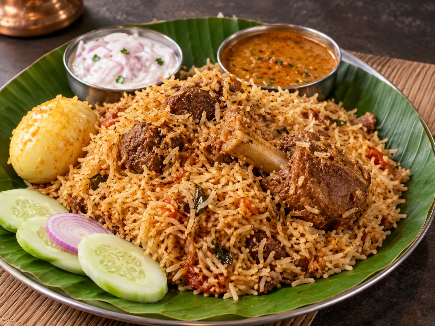 Mutton biriyani with boiled egg, onion raita and gravy on a banana leaf