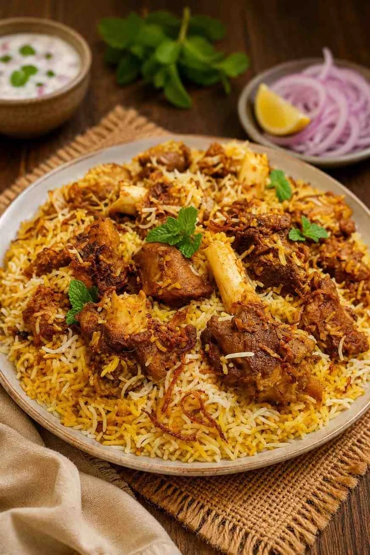 Mutton biriyani with tender mutton pieces, mint, onions and raita